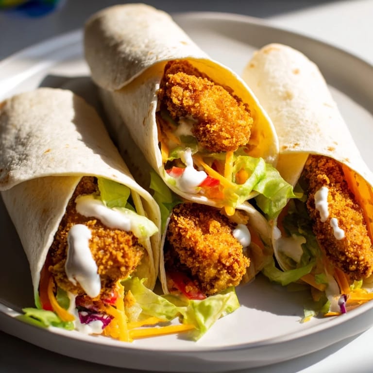 A close-up of a delicious crispy chicken ranch snack wrap, oozing creamy ranch dressing on a wooden board.