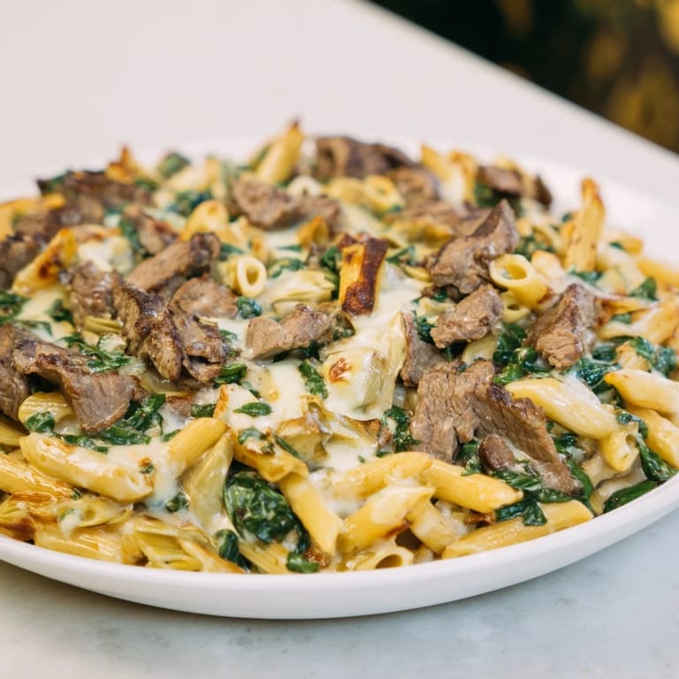 This delicious Steak & Spinach Artichoke Pasta Bake features tender steak and flavorful artichokes in a rich, cheesy sauce.