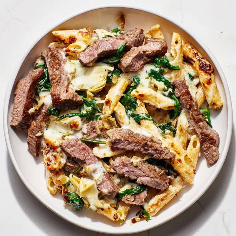 Steaming hot, the Steak & Spinach Artichoke Pasta Bake shows melted mozzarella over a savory, baked pasta dish.