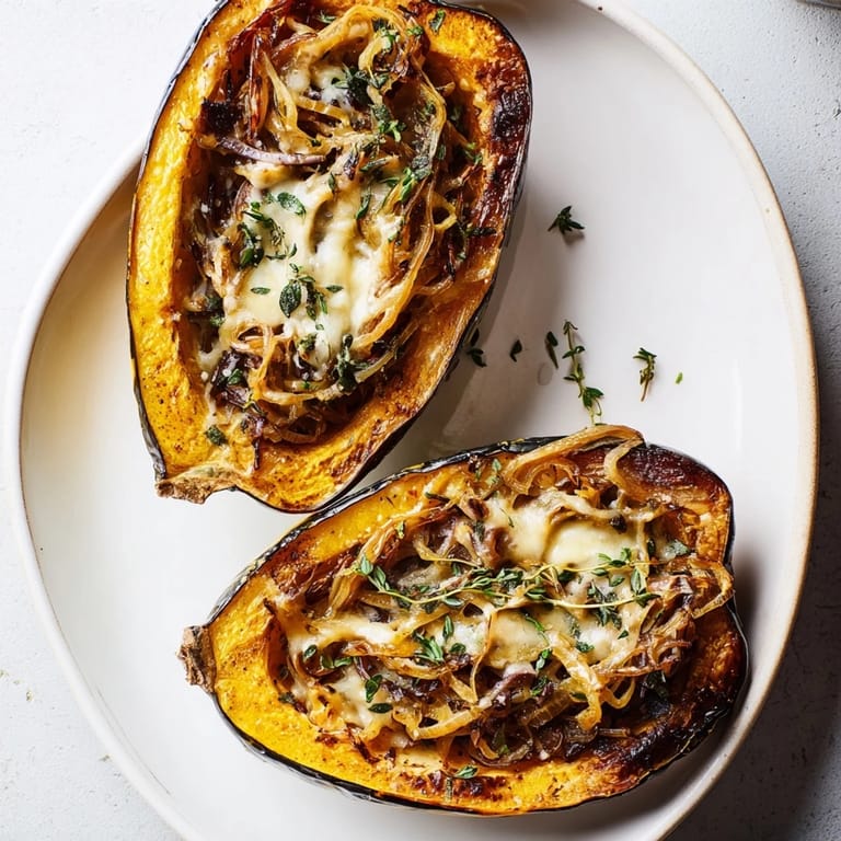 A close-up view of Caramelized Onion Gruyere Squash showcasing the tender roasted acorn squash and rich filling.
