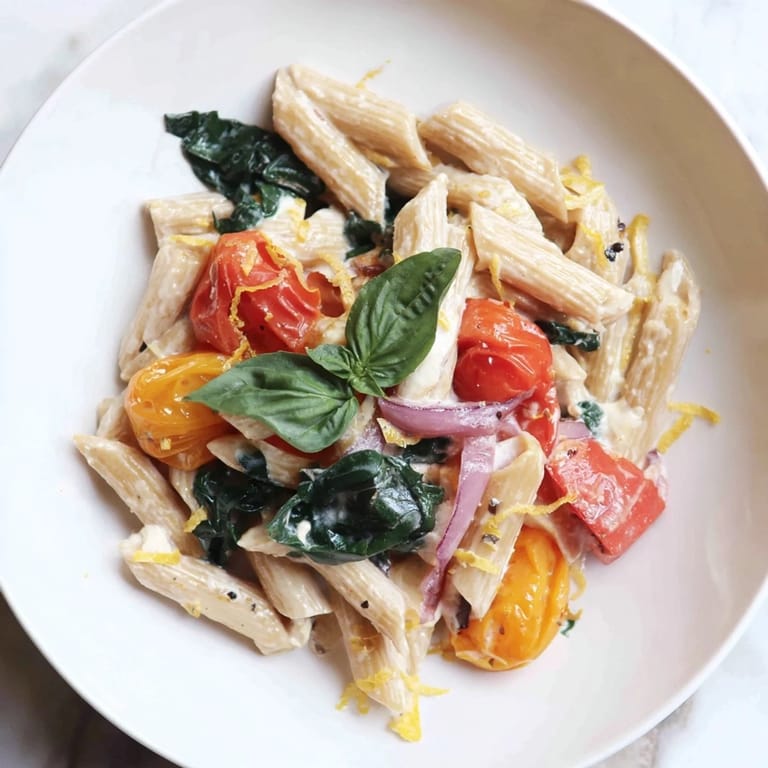 A rich, warm serving of One-Pan Baked Feta Christmas Pasta with basil, perfect for a festive vegetarian meal.