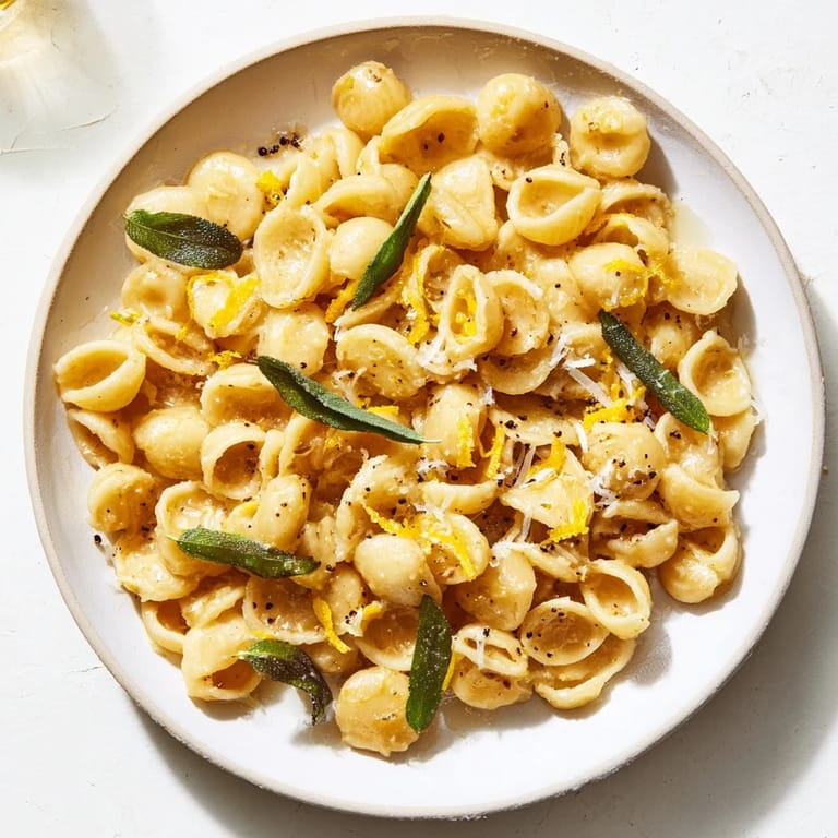 Savory ditalini pasta with browned butter, garlic, and fresh sage, ready to serve, a vegetarian delight.