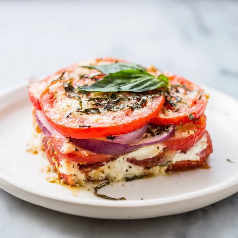 Warm and golden Speedy Feta-Free Tomato Bake, a flavorful, cheesy vegetarian side dish with herbs.