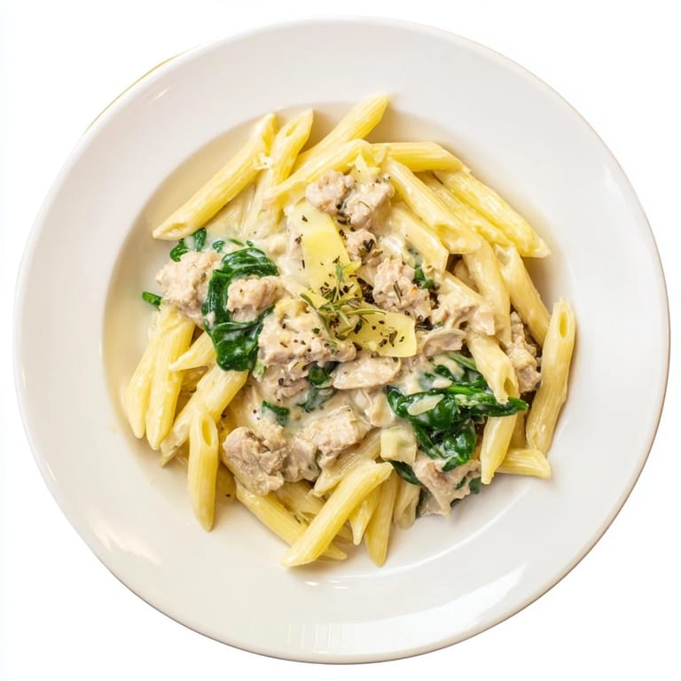 Golden, creamy One-Pot Creamy Spinach & Turkey Christmas Pasta with fluffy turkey and fresh green spinach.