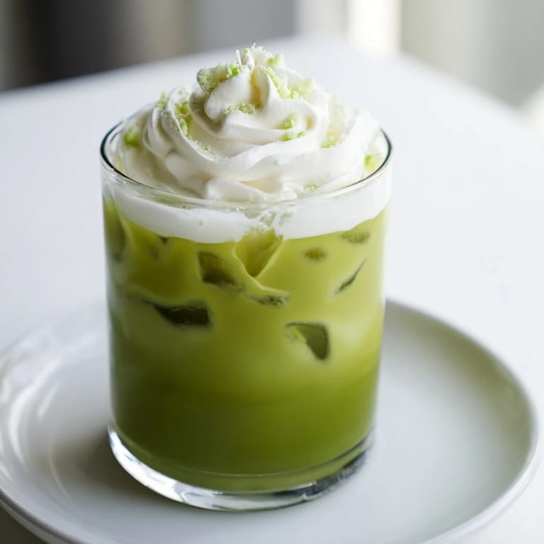 Icy cold Sugar-Free White Chocolate Candy Cane Iced Matcha, perfect for a refreshing holiday treat.