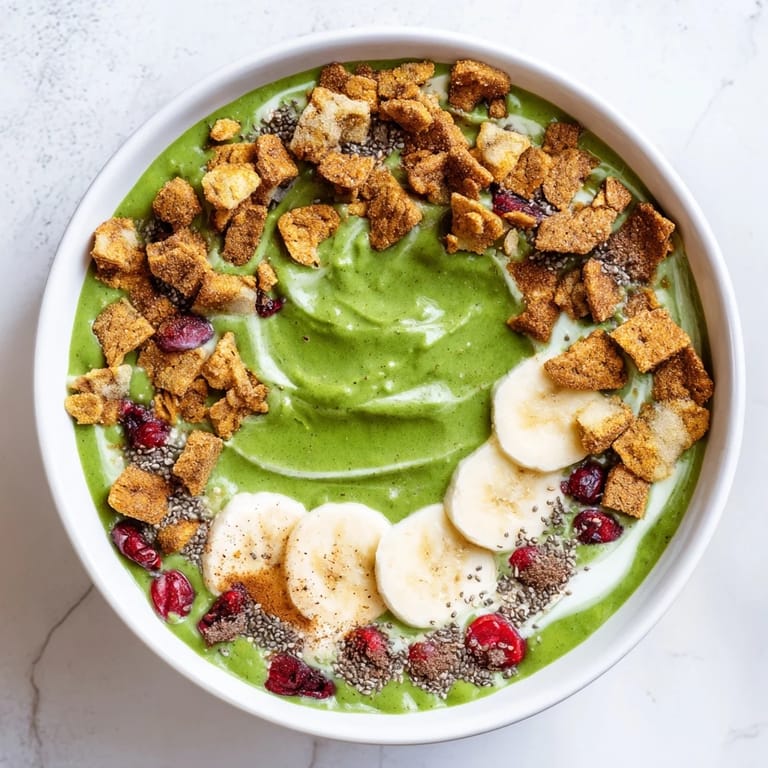 Creamy, green Gingerbread Cookie Matcha Breakfast Smoothie Bowl, a breakfast masterpiece with a delicious spiced flavor.