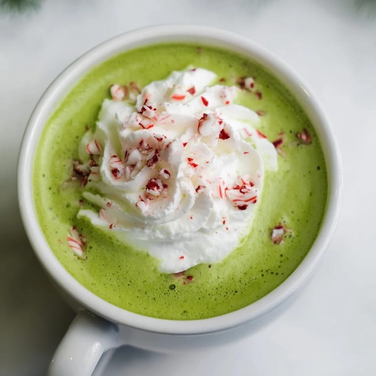 A festive presentation of a vibrant green Cozy Peppermint Matcha Christmas Latte in a holiday mug.