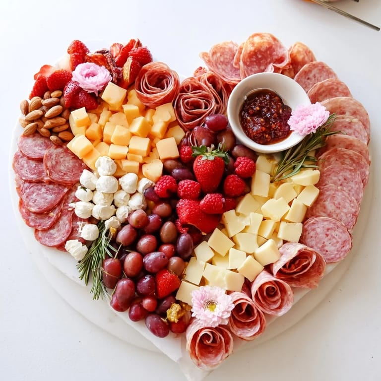 Delicious Heart-Shaped Charcuterie Board features salami, brie, and vibrant berries; perfect for sharing and savory bites.