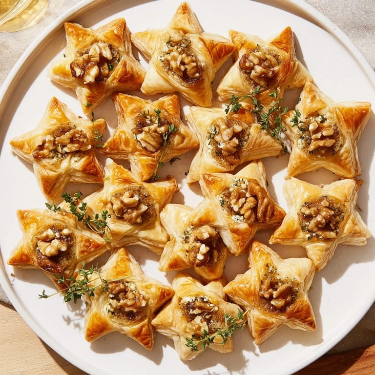 An assortment of festive Starry Night New Years Appetizers, showcasing smoked salmon stars, blueberry brie crostini, and more.