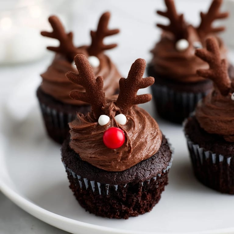 Homemade Reindeer Holiday Dessert Platter, showing decorated cupcakes and a vibrant spiced cranberry mousse perfect for parties.