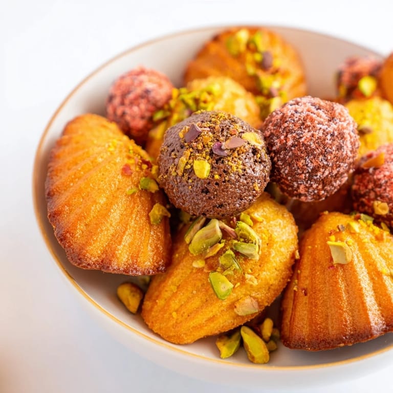 Close-up of assorted Mignardises Bonne Année 2026: Financiers, madeleines, and truffles arranged for serving.