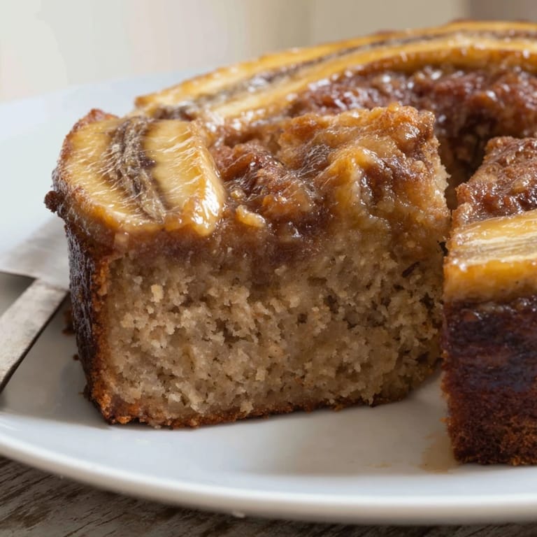 Moist and delicious banana bread cake, a lovely dessert featuring perfectly browned bananas arranged in a pattern.