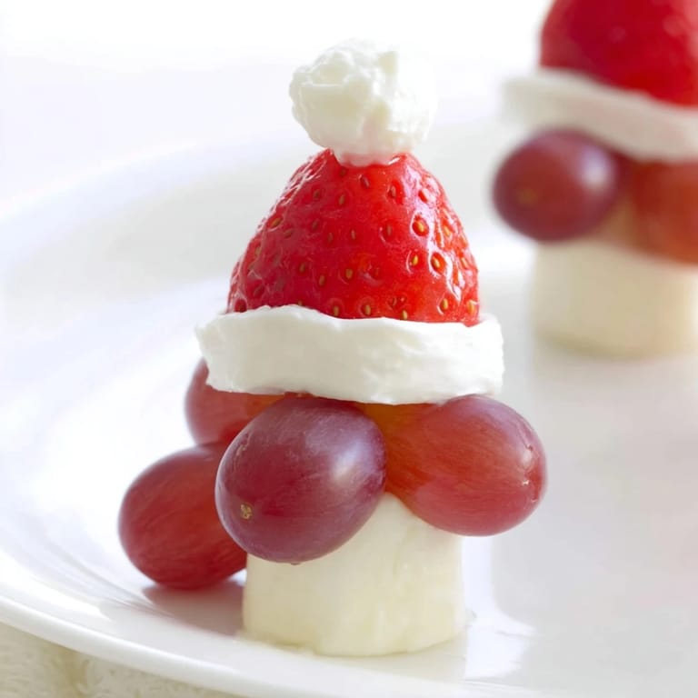 A close-up of a festive Santa Hat Fruit and Cheese Platter, showcasing colorful holiday appetizers.
