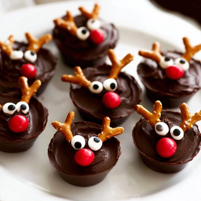 Delicious Chocolate Reindeer Pudding Cups, adorned with pretzels and candy, alongside assorted treats.