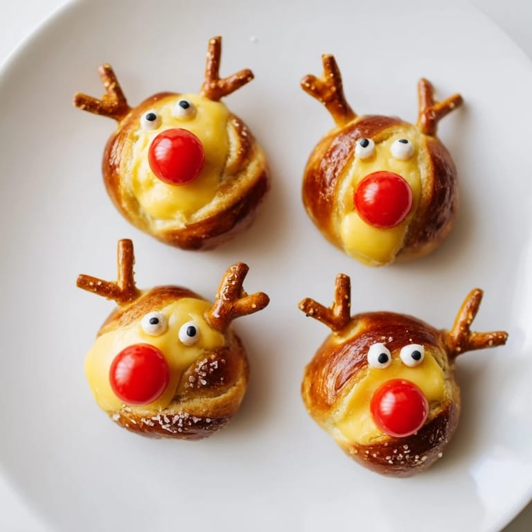 A tray of cheesy Rudolf's Red Nose Pretzel Bites, a fun snack with red candy noses.