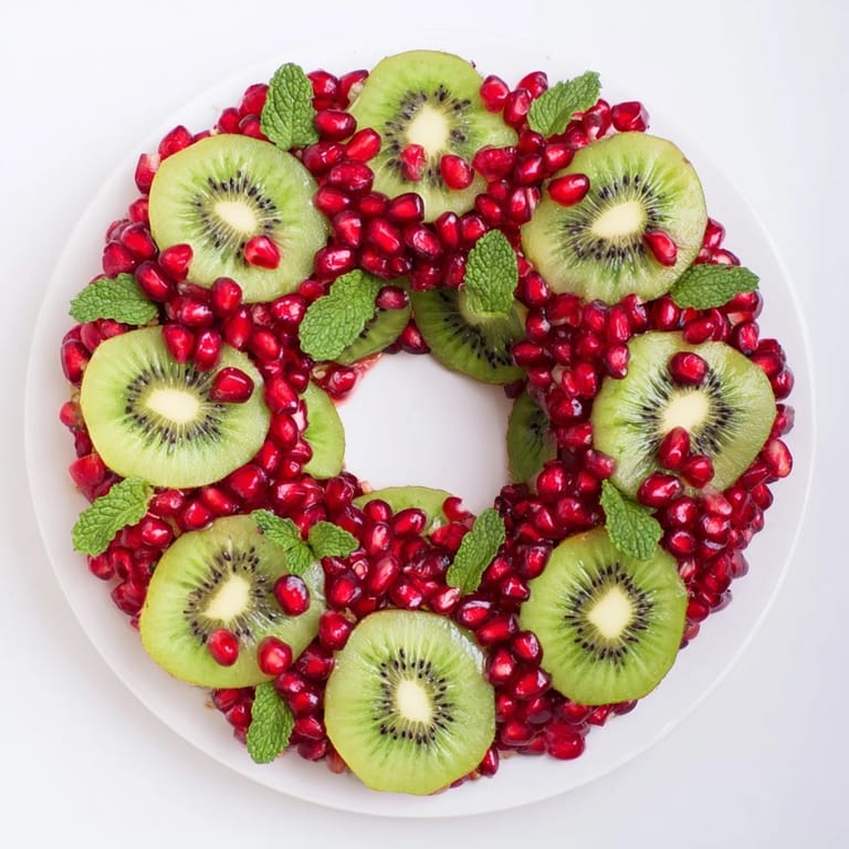 Vibrant Kiwi and Pomegranate Christmas Wreath fruit platter, a festive appetizer loaded with juicy fruit.