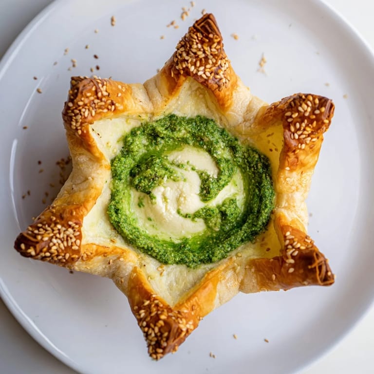 Star-Shaped Pesto Dip is festive, a creamy star surrounded by golden, crispy edible crackers.