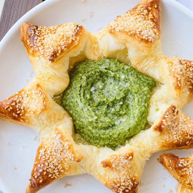 This gorgeous Star-Shaped Pesto Dip presents a holiday appetizer with flavorful Italian pesto filling.