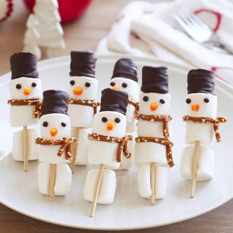 Sweet marshmallow snowman stick treats with pretzel arms and chocolate faces; a festive dessert idea.