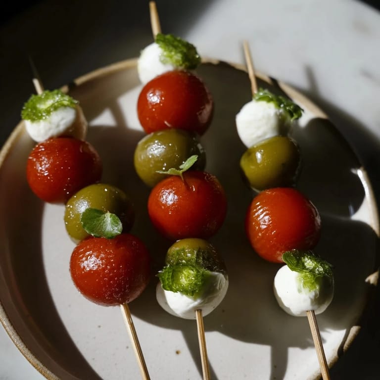 Vibrant photo of Caprese Skewer Tree with juicy tomatoes, mozzarella, and fragrant basil, perfect for holiday eating.