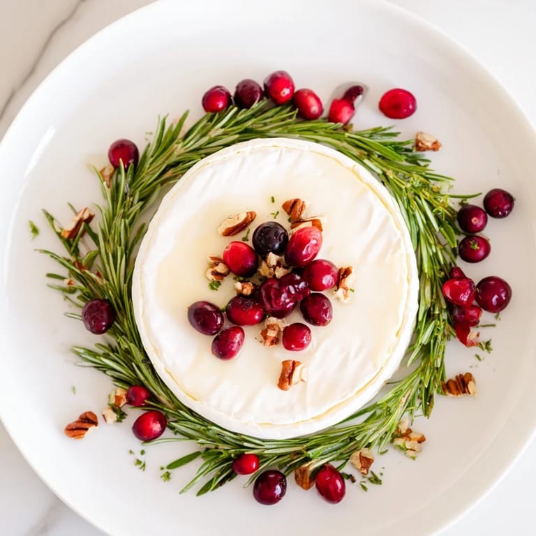 Festive appetizer: a Brie Cheese Wheel with Rosemary Wreath, garnished with ruby-red cranberries.