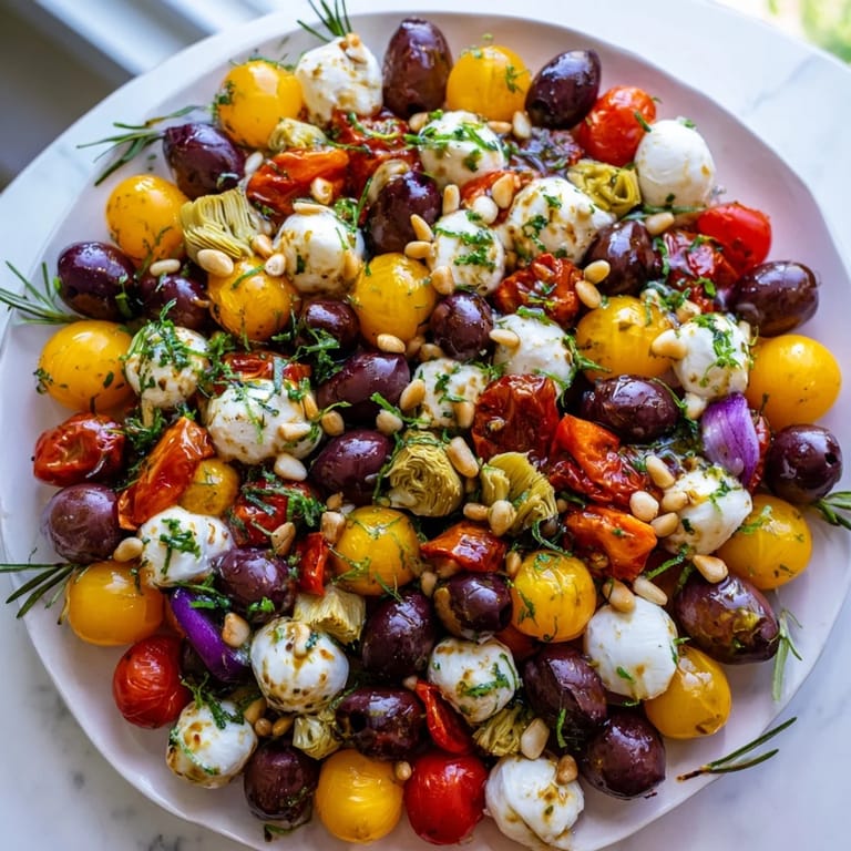 Festive Olive and Cherry Tomato Garland Board arrangement, overflowing with Mediterranean flavors and fresh herbs.