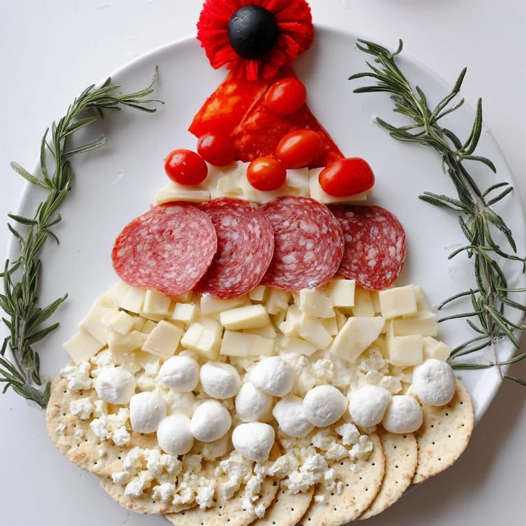A mouthwatering Santa's Beard and Hat charcuterie board with vibrant reds, greens, and white cheeses for a crowd-pleasing snack.