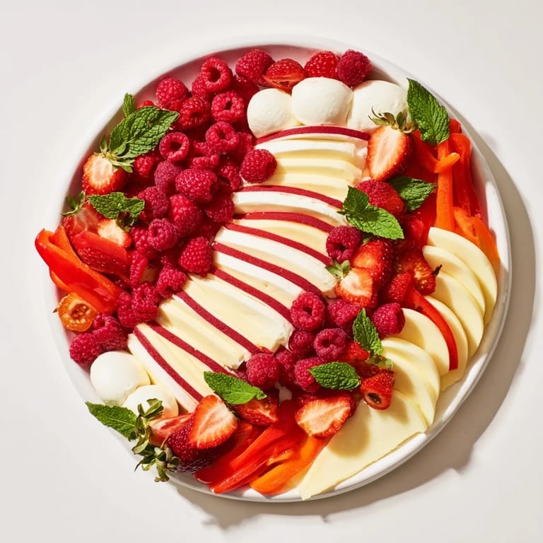 Delicious Peppermint Stripe Celebration platter featuring fresh mozzarella, juicy strawberries, and savory salami stripes.