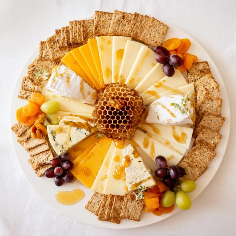 A visually appealing "The Gilded Hive," with hexagonal cheeses and crackers for your guests to enjoy.