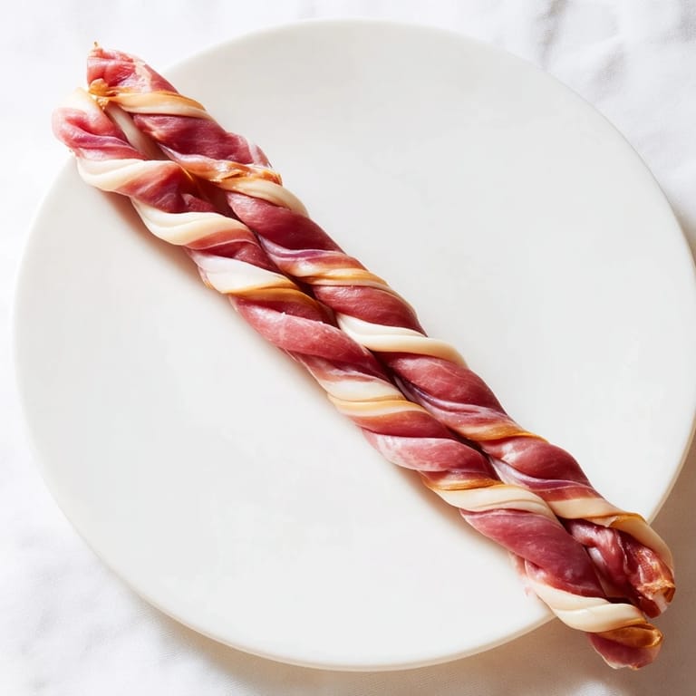 Close-up of a golden brown, gluten-free Nautical Knot, a flavorful prosciutto-wrapped string cheese braid.