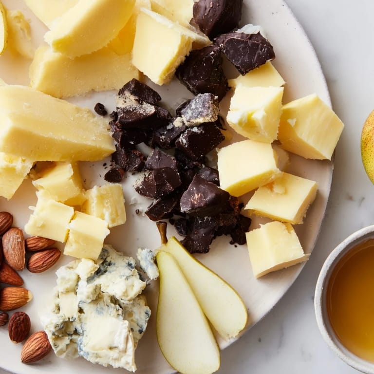 Enjoy this comforting pairing of Fireside Comfort & Cocoa, complete with decadent dark chocolate and cheese wedges.