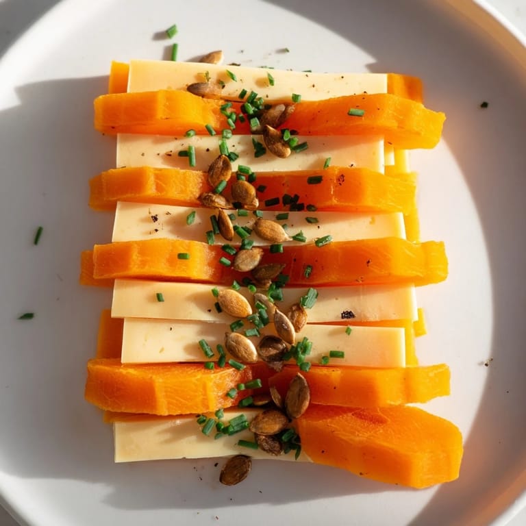 Freshly assembled Serengeti Sunset, an easy appetizer, showing apricot and smoked Gouda layers, perfect for serving.