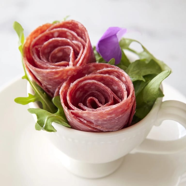 These Victorian Tea Rose appetizers present delightful, savory salami & pepperoni rosettes, ready to serve with cheese and fruit.