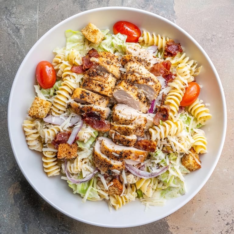 A vibrant bowl of Chicken Caesar Pasta Salad, mixing pasta, grilled chicken, and crisp romaine lettuce.