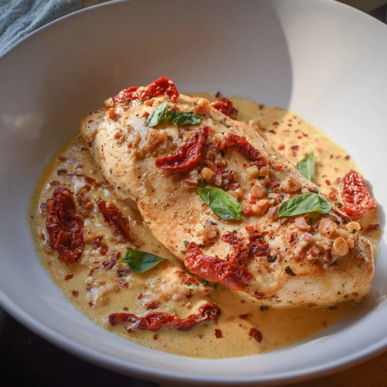 Golden chicken breasts simmer in the creamy sun-dried tomato sauce for a comforting skillet meal.