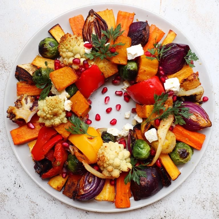 Tender, roasted vegetables form a colorful Festive Vegetable Christmas Wreath, perfect for a vegetarian feast.
