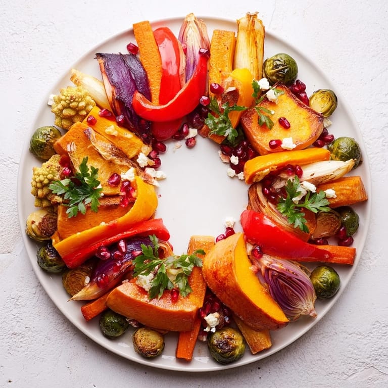 Close-up of a mouthwatering Festive Vegetable Christmas Wreath, garnished with herbs and pomegranate seeds.