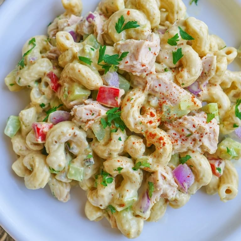 Chilled Chicken Macaroni Holiday Salad, a Southern delight with a tangy dressing and vibrant garnishes.