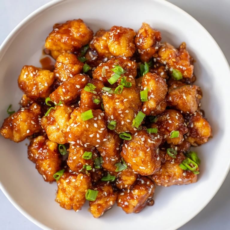 Close-up of crispy, flavorful Honey-Sriracha Chicken Bites glistening from a spicy, sweet sauce.