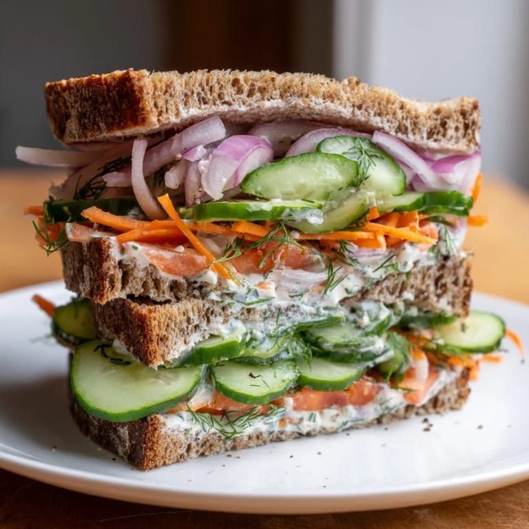 A close-up shot of a hearty crunchy dill pickle sandwich ready to enjoy on a plate.