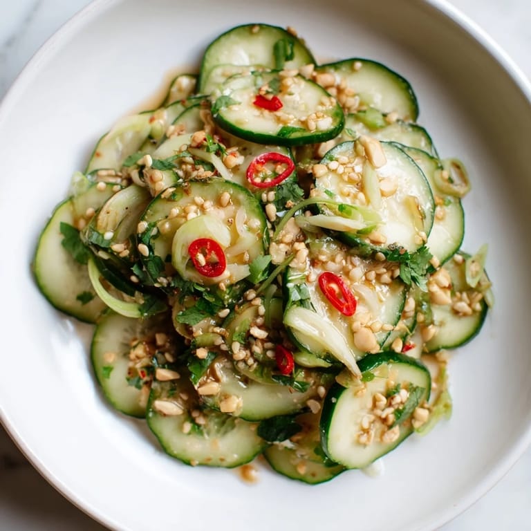 Close-up of a delightful Tangy Shaken Asian-Style Cucumber Salad, the perfect light and healthy Asian meal starter.