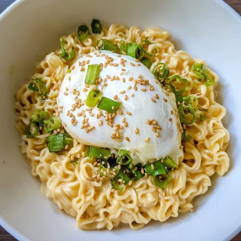 Steaming Instant Cheese Ramen Bowl, featuring a golden egg yolk and flavorful broth, ready to be enjoyed.