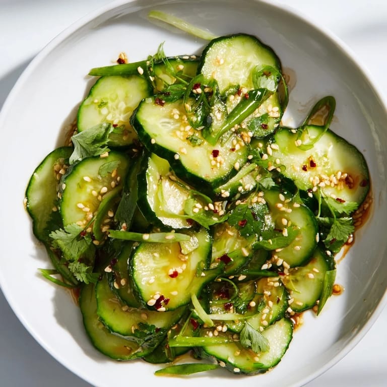 Close-up of a refreshing, vibrant Zesty Shake Cucumber Salad with sesame seeds and fresh cilantro.