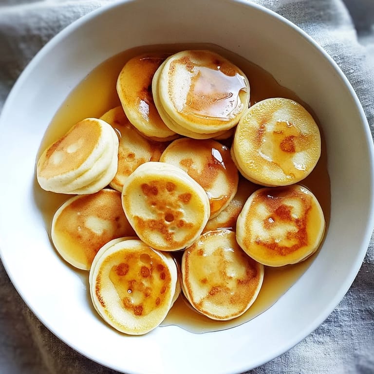 Close-up of freshly made Fluffy Pancake Cereal, drizzled with maple syrup atop a creamy milk bath.