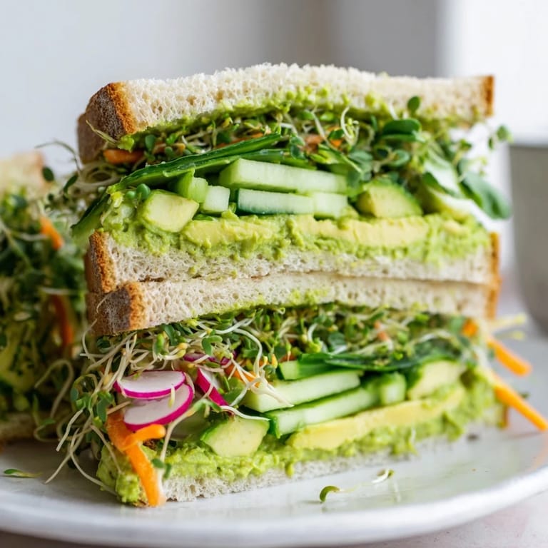 The prepared Green Goddess sandwich, ready to eat, with layers of fresh greens and vibrant avocado visible.