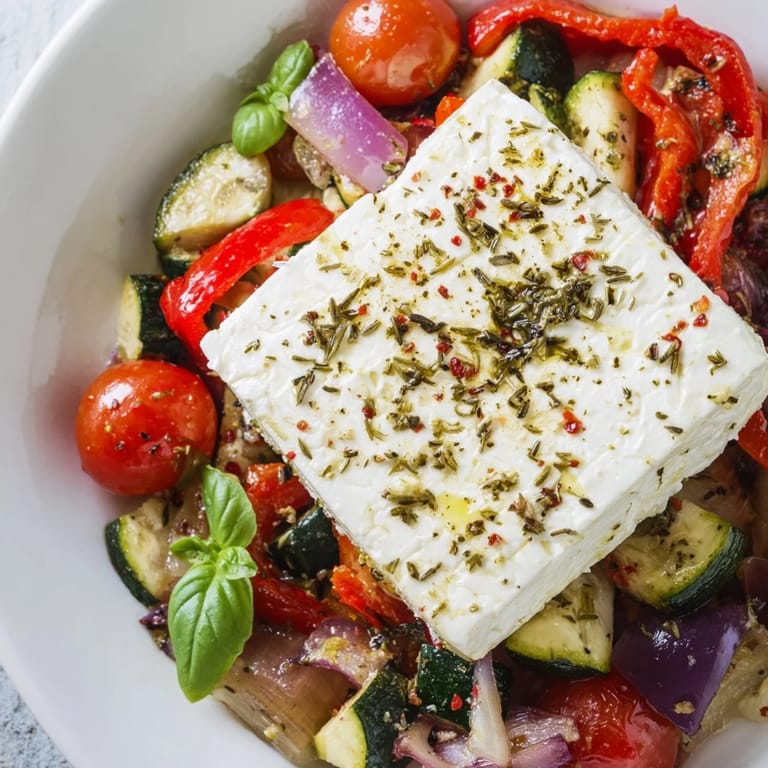 A steaming bowl of baked feta pasta 2.0 with vibrant, caramelized vegetables; a Mediterranean delight.