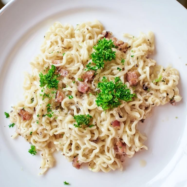 Instant Ramen Carbonara Hack topped with fresh parsley: a quick, flavorful dinner, smelling so good.
