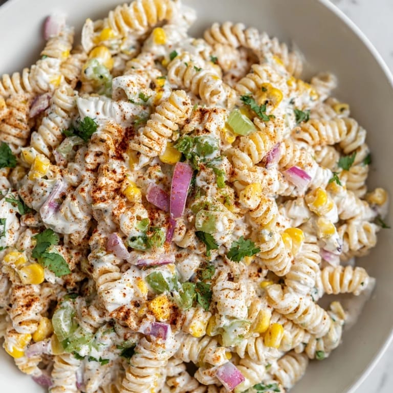 Vibrant bowl of Mexican Street Corn Pasta showcasing the fresh cilantro and crumbled cotija cheese.