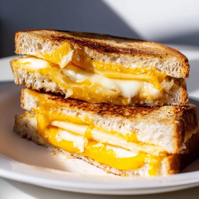 A close-up shot of a perfectly grilled Garlic Butter Mayo Grilled Cheese sandwich, ready to enjoy.