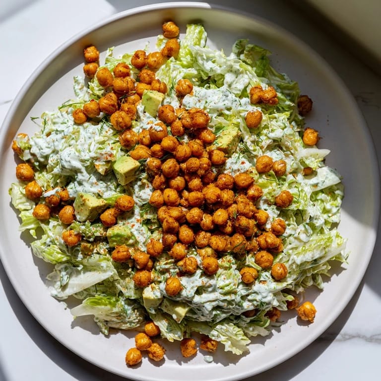 Close-up of a refreshing Green Goddess Salad showcasing vibrant greens layered with crunchy chickpeas.